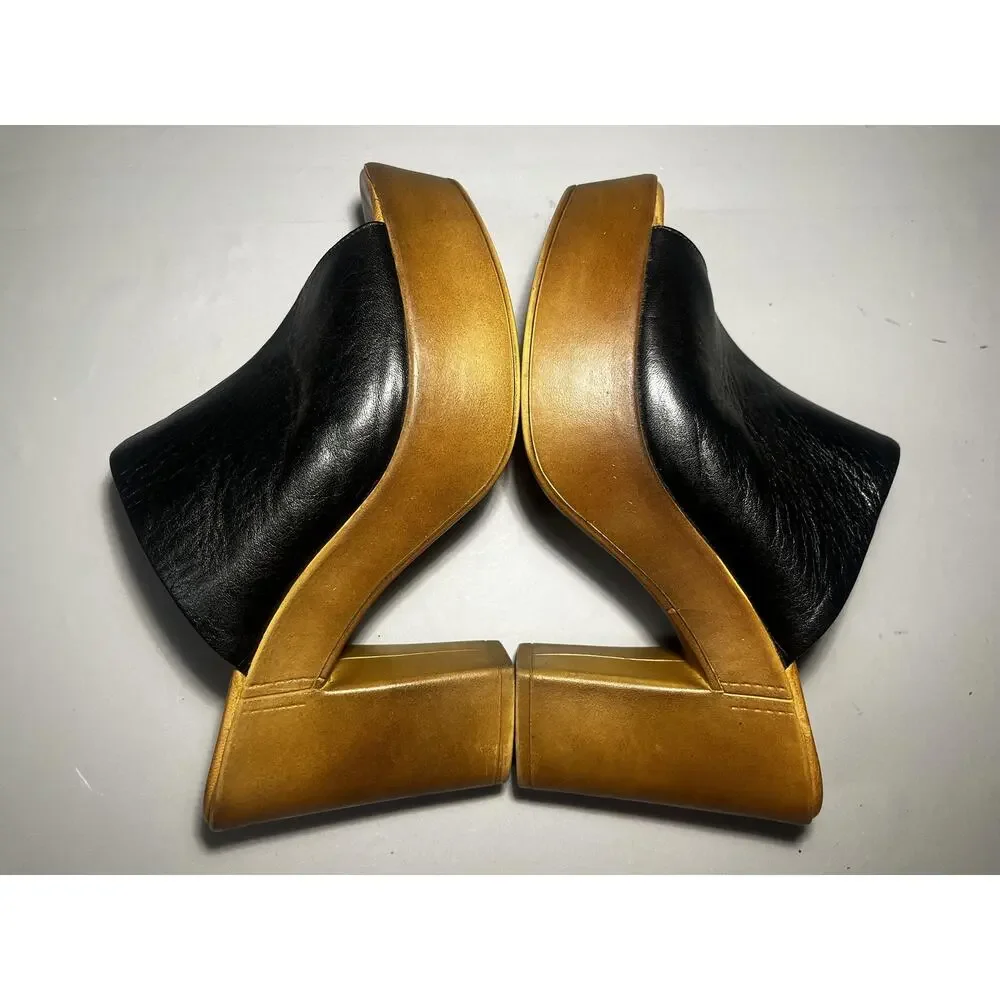 Scala Shoes Womens Size 39 Black Chunky Platform Mule Sandal Peep Toe Heels‎